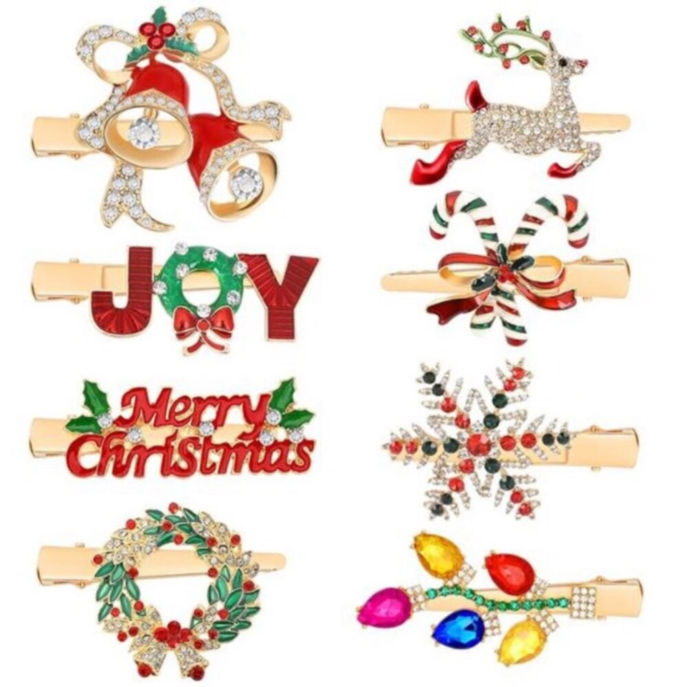 8Pcs Christmas Rhinestone Hair Clips Barrettes Xmas Crystal Snowflake